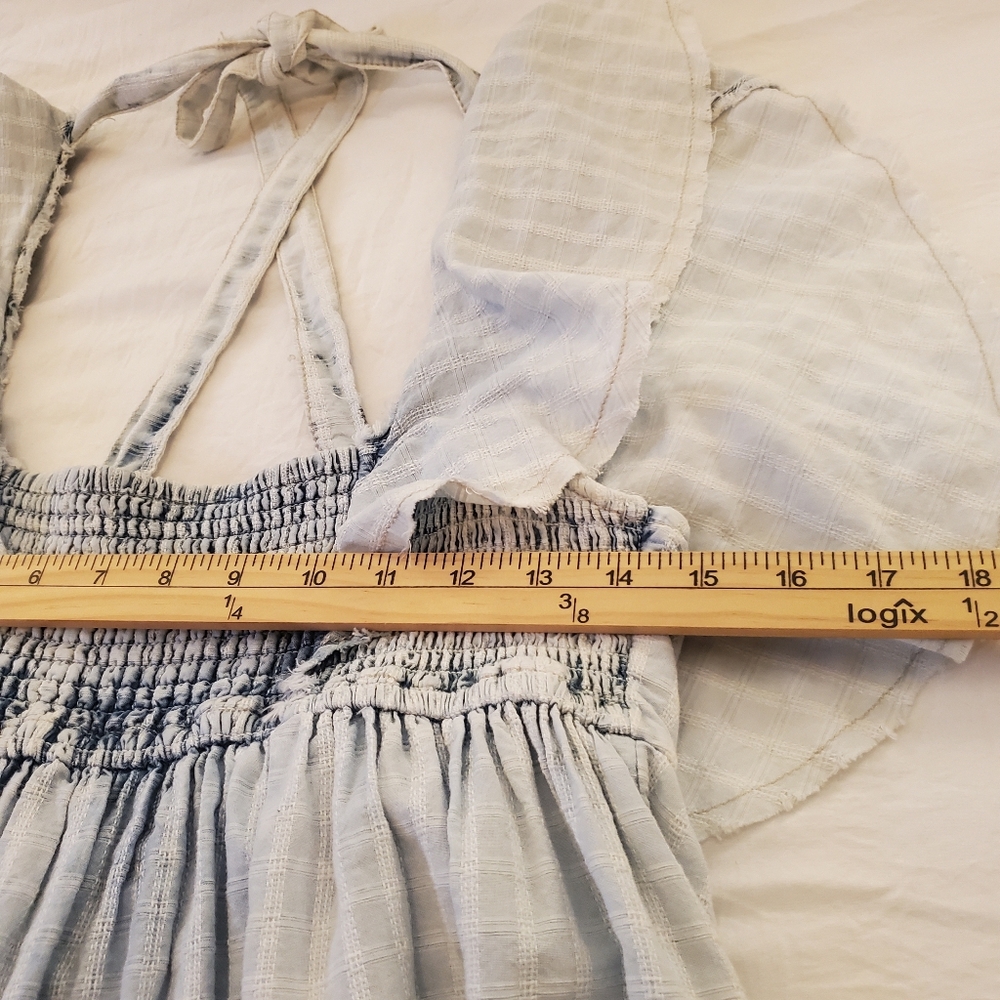 FREE PEOPLE Undone Acid Wash Blue Tiered Ruffled Open Back Smocked Mini Dress M - Picture 10 of 15